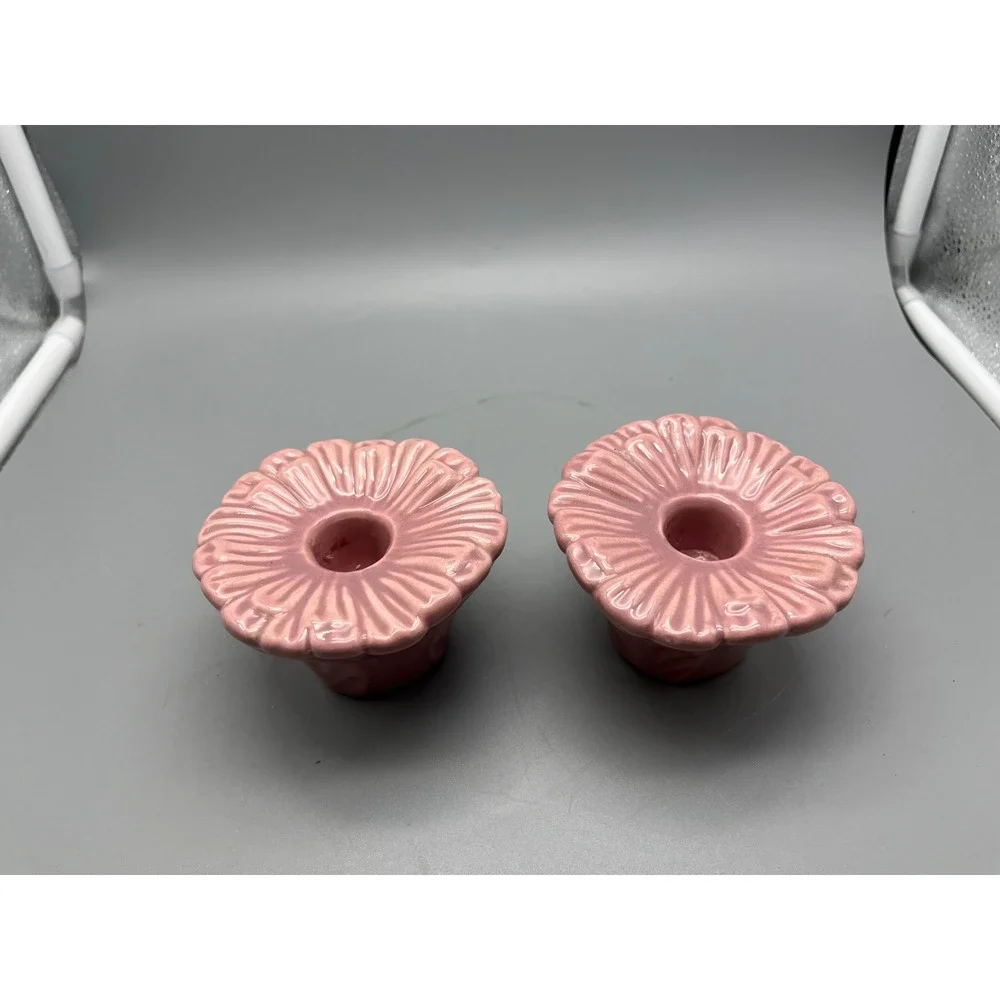 Pair Vintage Mid Century Pink Pottery Flower Candle stick holders‎